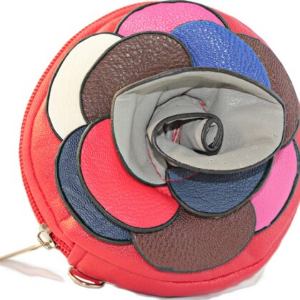 Küçük El Çantası Deri Kırmızı Gri Güllü Model Deri Çiçekli Cüzdan