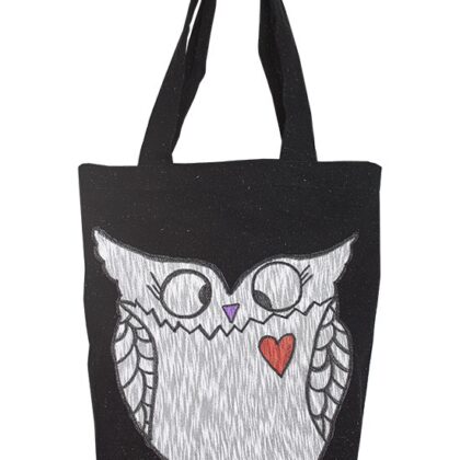 Tasarım Kot Siyah Renk Beyaz Baykuş Baskılı Çanta