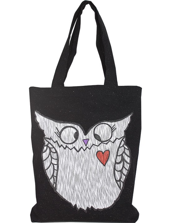 Tasarım Kot Siyah Renk Beyaz Baykuş Baskılı Çanta