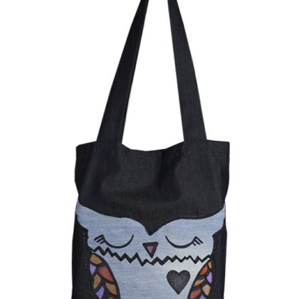 Tasarım Kot Lajivert Renk Mavi Baykuş Baskılı Çanta