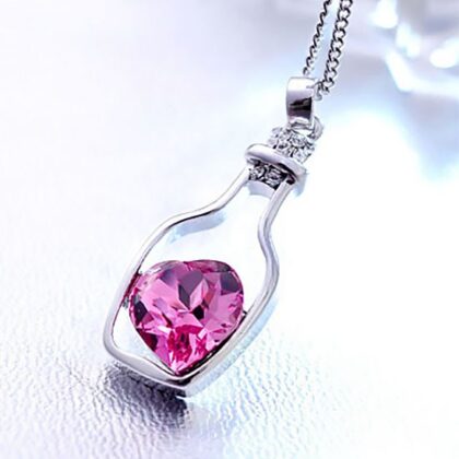 Gümüş Kaplama Şişe Şeklinde Pembe Saworoski Taşlı Kolye