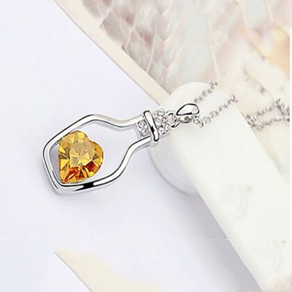 Gümüş Kaplama Şişe Şeklinde Sarı Saworoski Taşlı Kolye