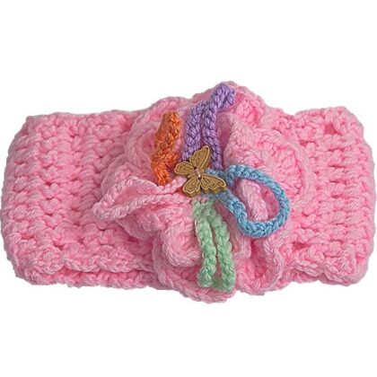 Saç Bandı Pembe Renk Kelebekli Uzun Tığ İşi İpli