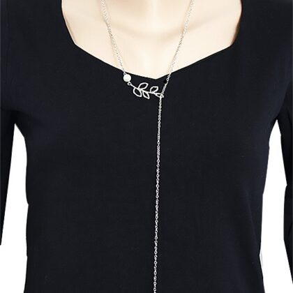 Yaprak Modelli İncili Uzun Gümüş Kravat Kolye