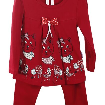 Kırmızı Renk Kız Çocuk Kıyafeti Kedili 2'li Set