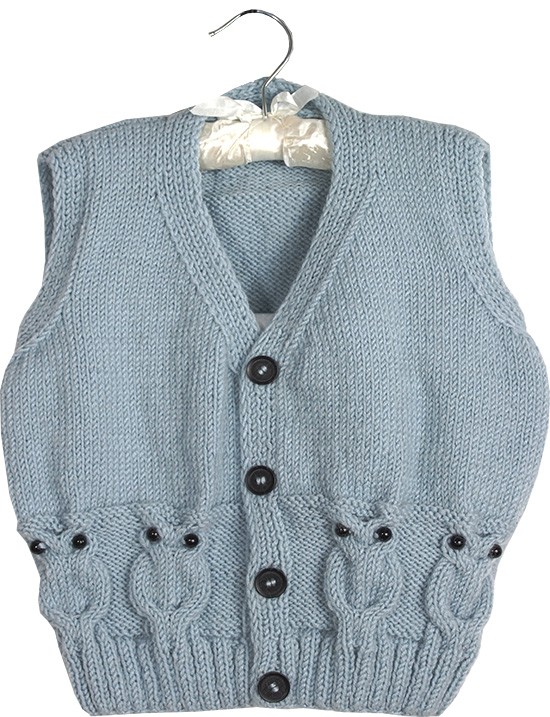 Çocuk Yeleği Baykuş Desenli Buz Mavi Renk