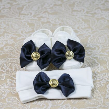 Gemici Çapalı Lajivert Fiyonklu Başlıklı Erkek Bebek Patiği