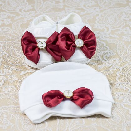 Gemici Çapalı Kırmızı Fiyonklu Başlıklı Erkek Bebek Patiği