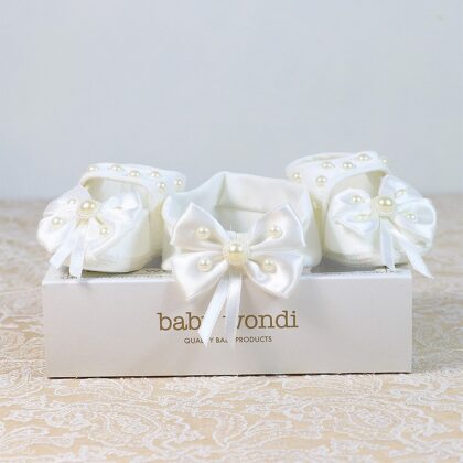 Fiyonklu İncili Kız Saç Bandlı Bebek Patiği