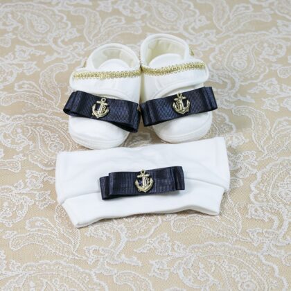 Gemici Çapalı Lajivert2 Fiyonklu Başlıklı Erkek Bebek Patiği