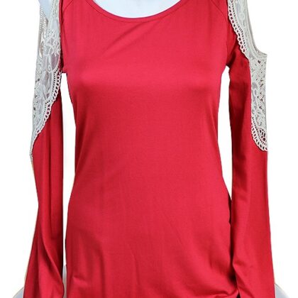 Kırmızı Renk Kolları Dantelli T-shirt