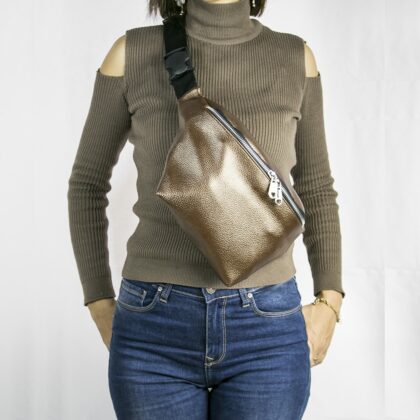 Büyük Bel Çantası Parlak Kahverengi Tek Fermuarlı Kemerli