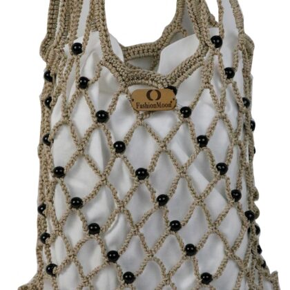 Vintech File Merserize Çanta Organik Siyah Cam Boncuklu Bej Çanta İp Çanta