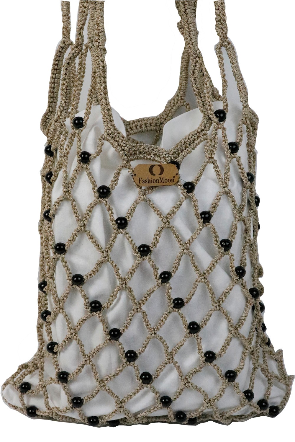 Vintech File Merserize Çanta Organik Siyah Cam Boncuklu Bej Çanta İp Çanta