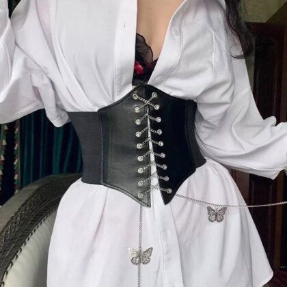 Gothic Kalın Korse Model Kelebek Uçlu Zincirli Yedi Sıralı Zımbalı Kemer