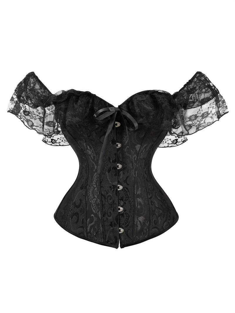 Çiçekli Dantel Trim Straplez Korse, Karın Kontrolü Dantel Up Jakarlı Vücut Şekillendirici